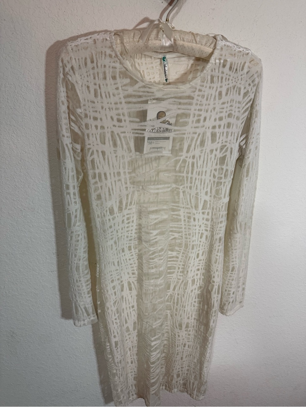 Long Sleeve Sheer Velvet Detail Overlay Midi Dress in White Cream